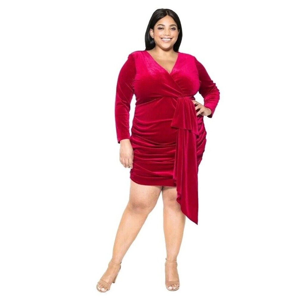 Alexia Admor Dress Juliana SZ 2XL Red Velvet V Neck Long Sleeve Ruched Mini 1128